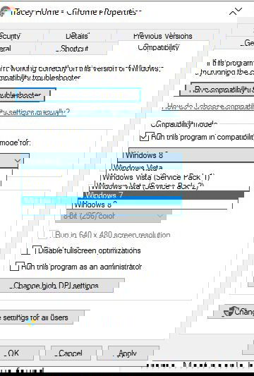 互換性タブで実行するWindowsのバージョンを選ぶスクリーンショット