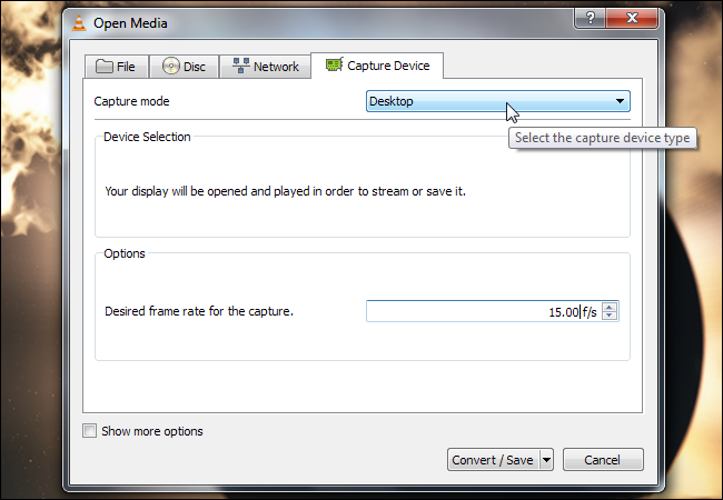 Вкладка: выбор режима захвата — Рабочий стол