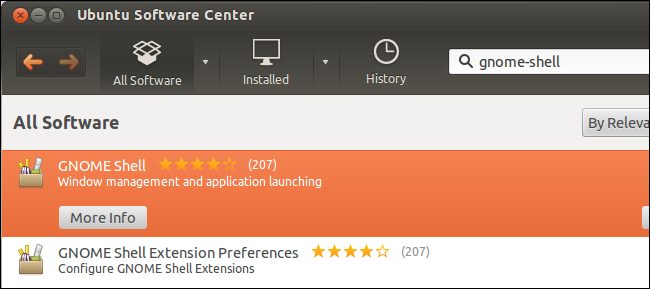 Скриншот поиска и установки gnome-shell в Центре приложений