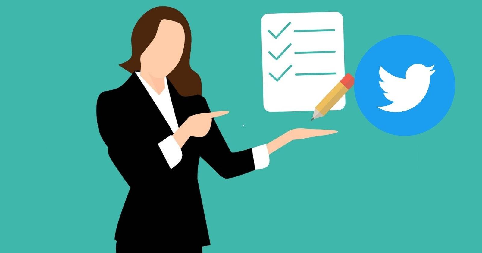Женщина векторная иллюстрация держит список с иконкой Twitter рядом.