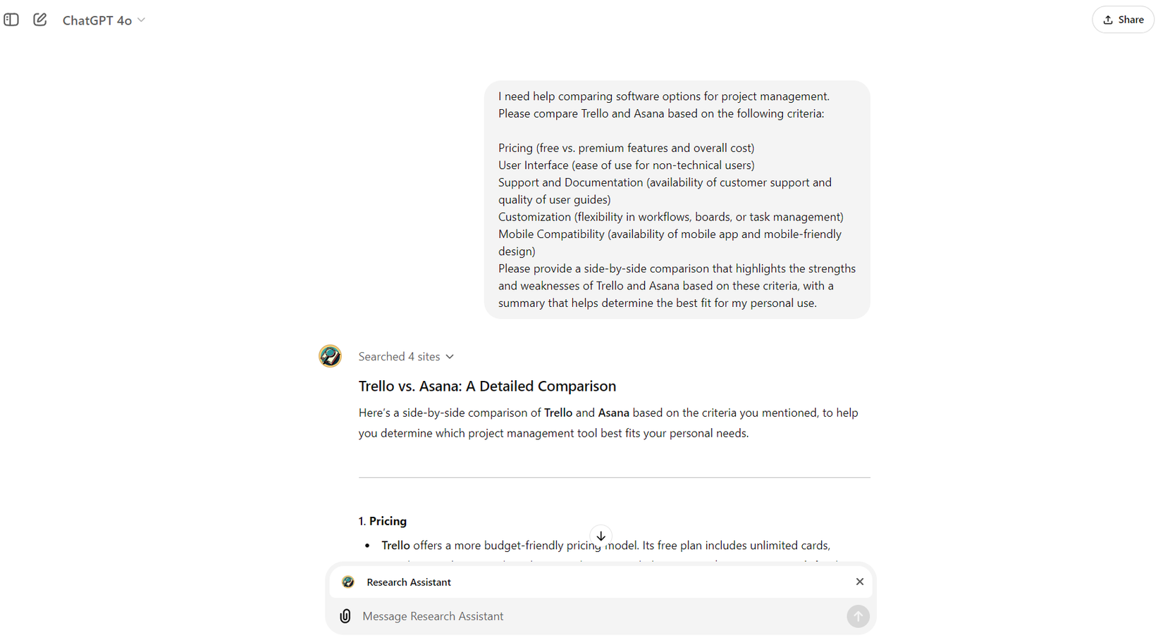 Результаты работы Research Assistant GPT: пример запроса и ответа.