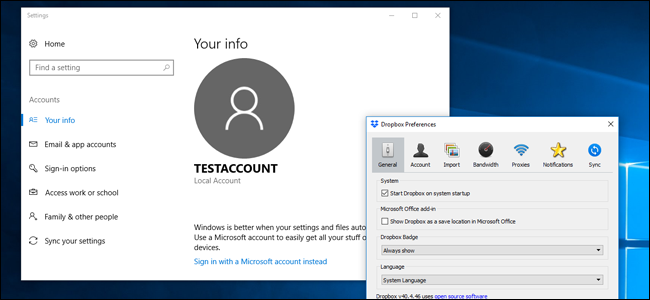 Установка Dropbox в учётной записи Windows