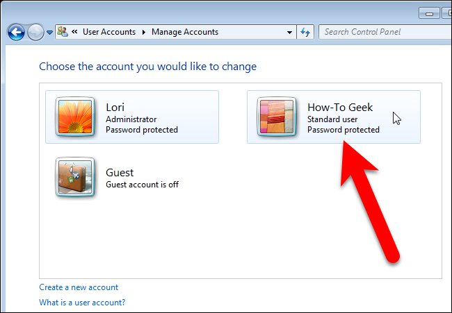 Выбор удаляемой учётной записи в Windows 7