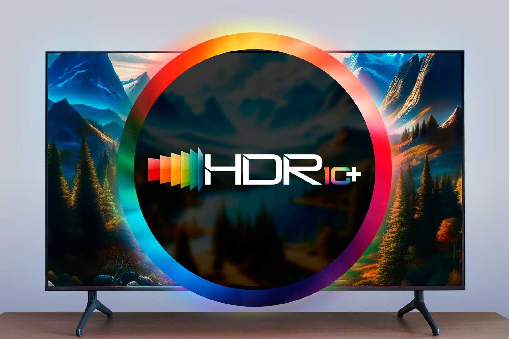 Un televisore e una ruota dei colori con il simbolo HDR10+