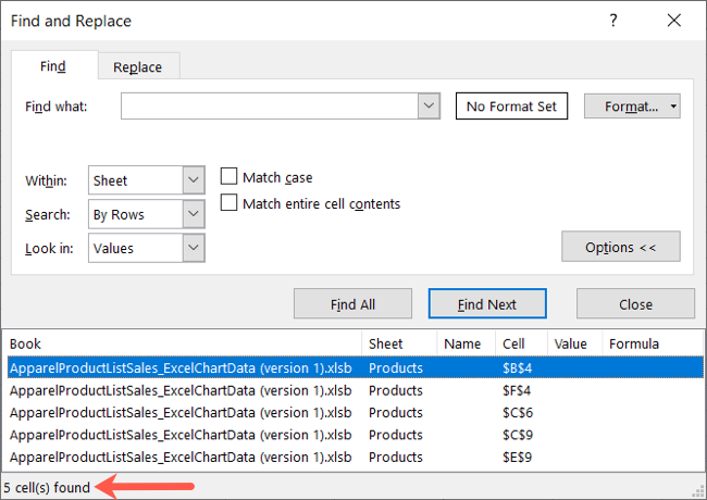 Результат поиска пустых ячеек с указанием количества