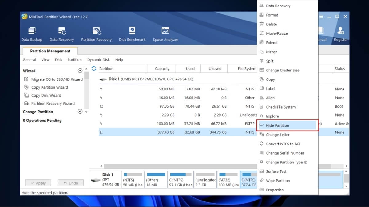 Выбор опции Hide Partition в MiniTool Partition Wizard