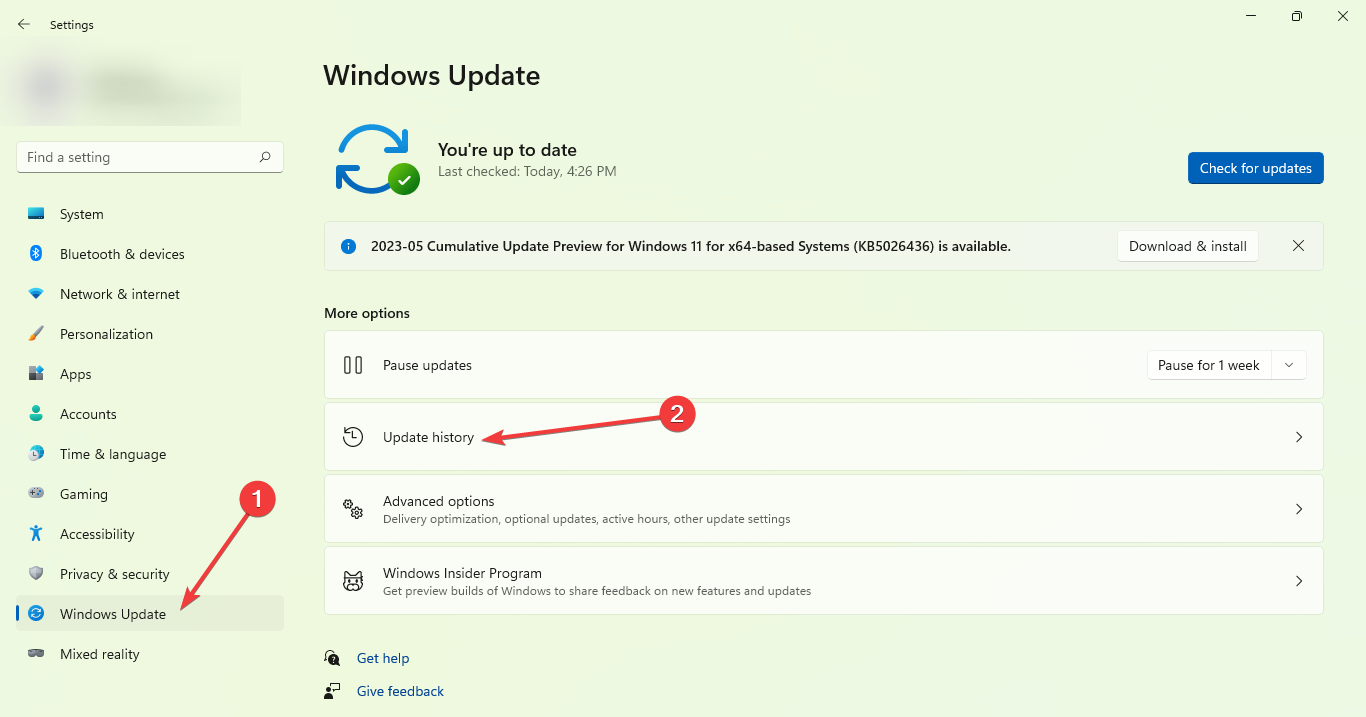 Окно истории обновлений Windows