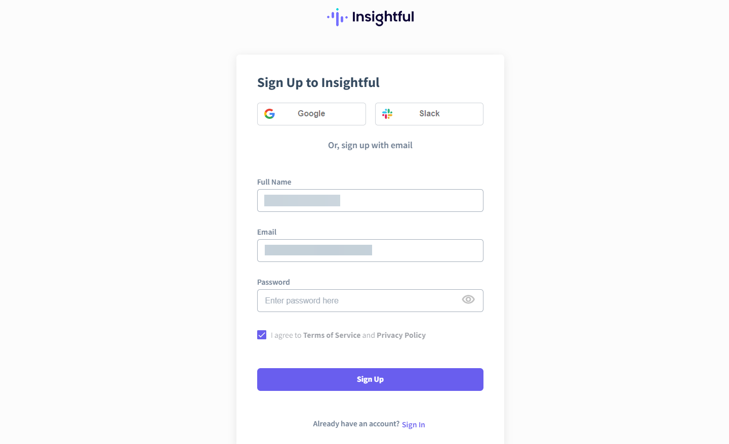 Форма регистрации и входа через Google/Slack