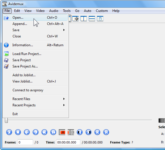 Открытие видеофайла в Avidemux