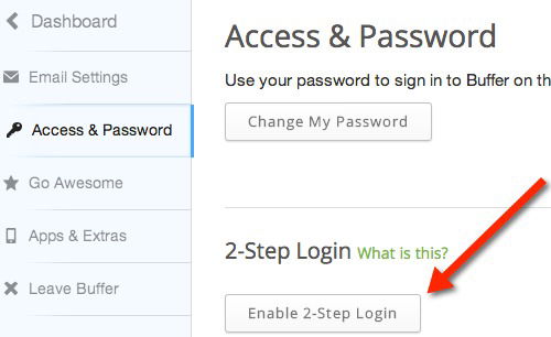 Нажмите кнопку «Enable 2‑step login» в настройках Buffer.
