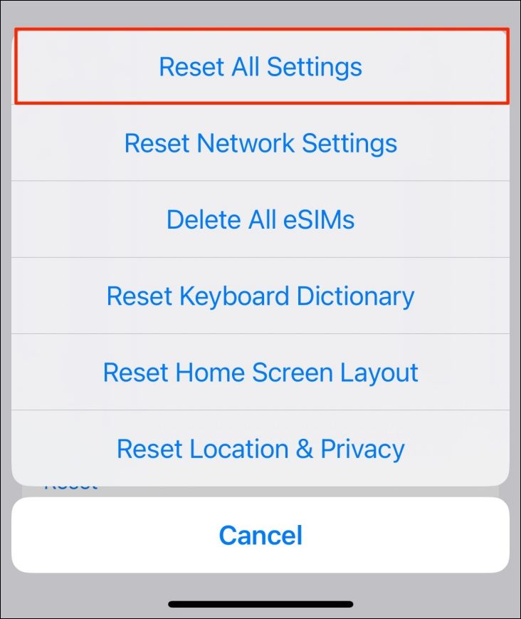 Подтверждение Сброса всех настроек на iPhone.