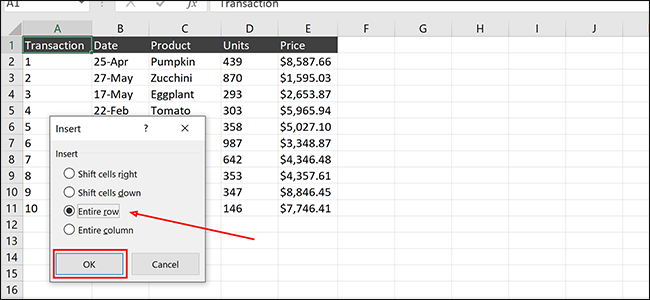 Выбор параметра «Вся строка» в диалоге вставки