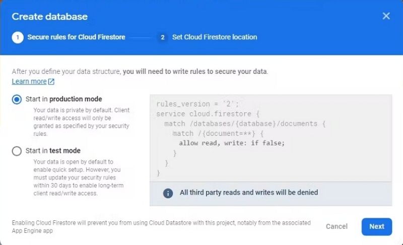 Firestore Database settings page