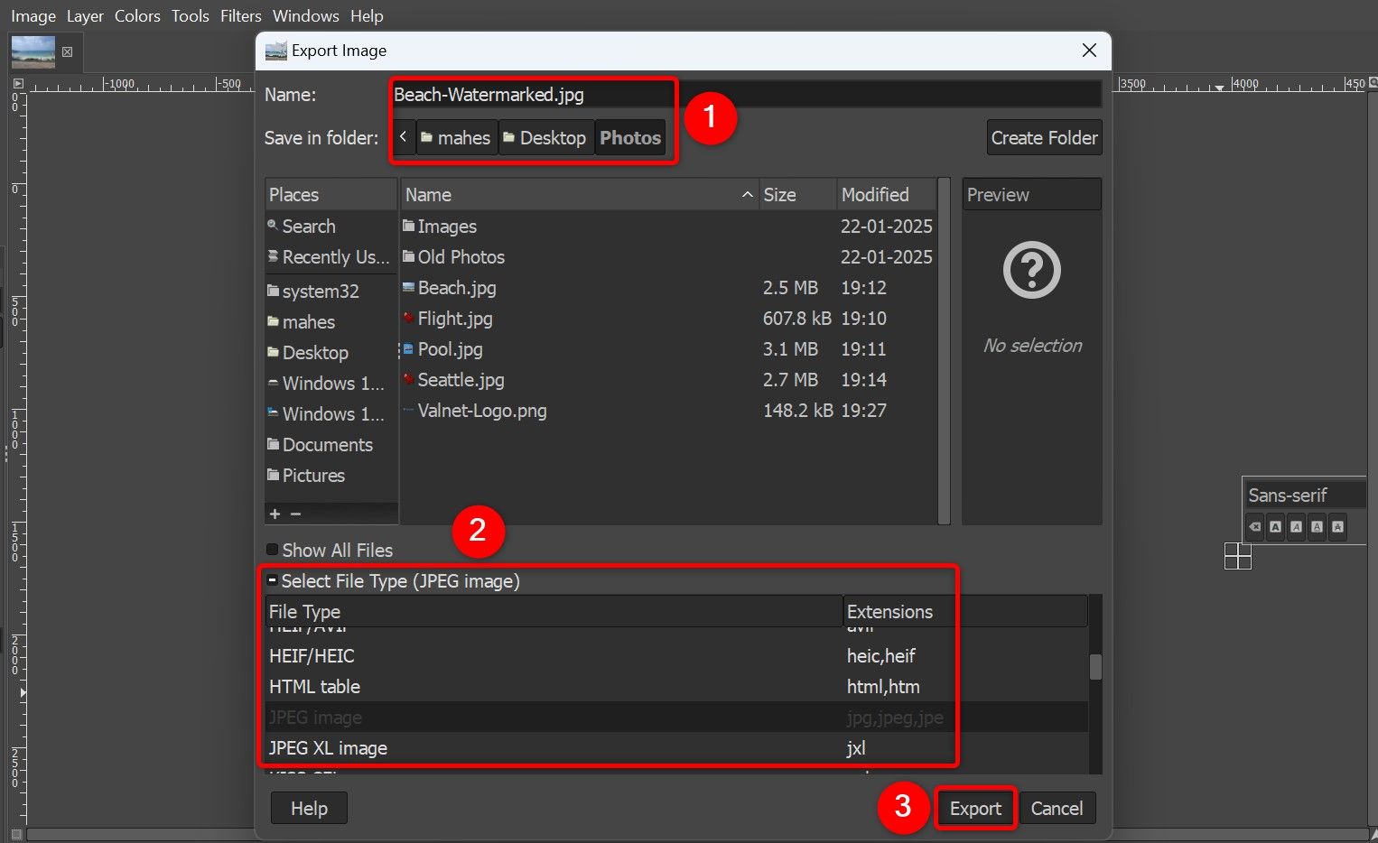 Various options highlighted on GIMP's 'Export Image' window.