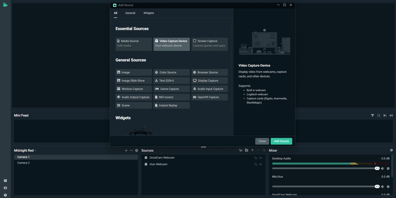 Добавление нового источника в Streamlabs на рабочем столе