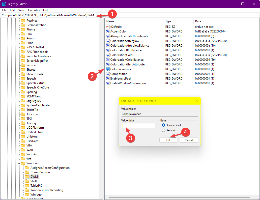 Параметр ColorPrevalence в реестре установлен в 1