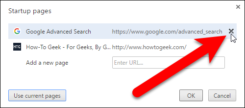 Удаление пункта из списка стартовых страниц в Chrome