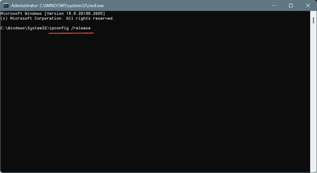 Скриншот выполнения ipconfig /release в командной строке