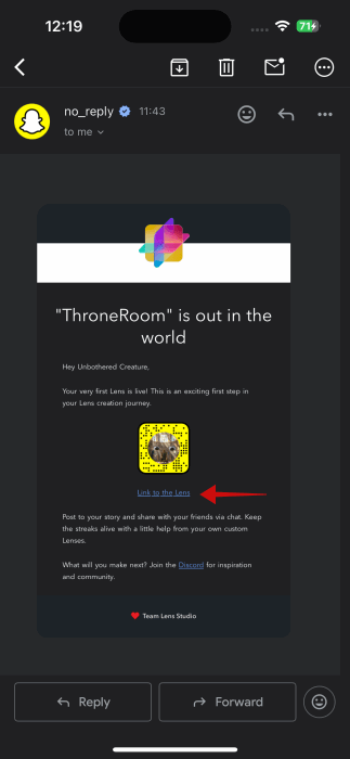 Email alerting you that Lens is now live on Snapchat with link. 