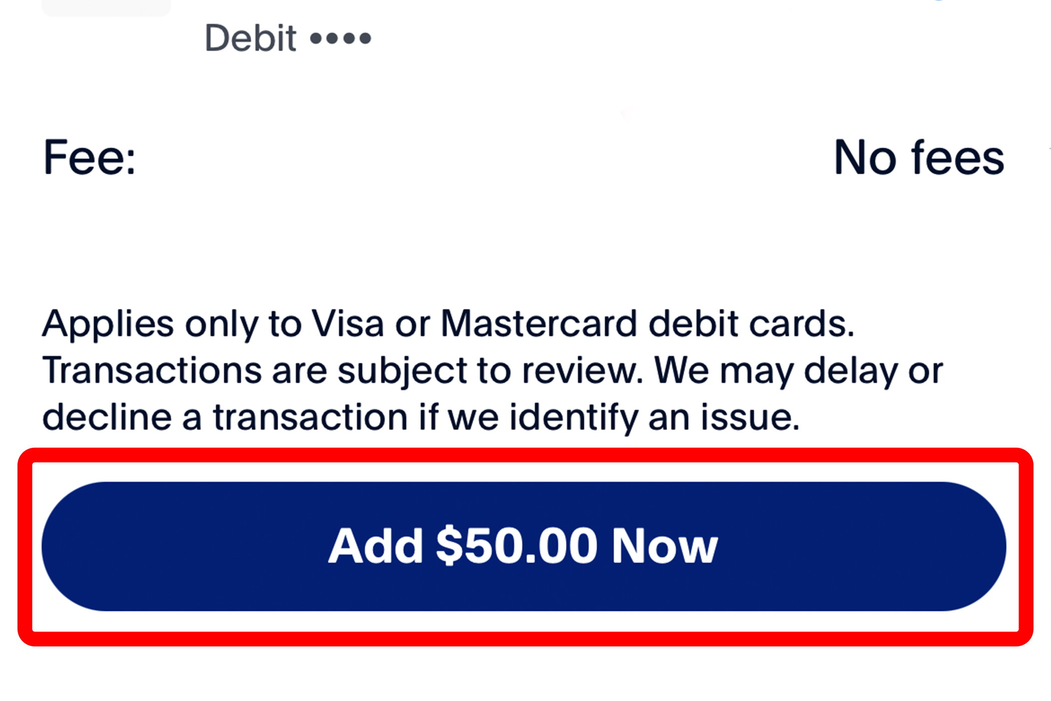 Добавление $50 в баланс PayPal с дебетовой карты.