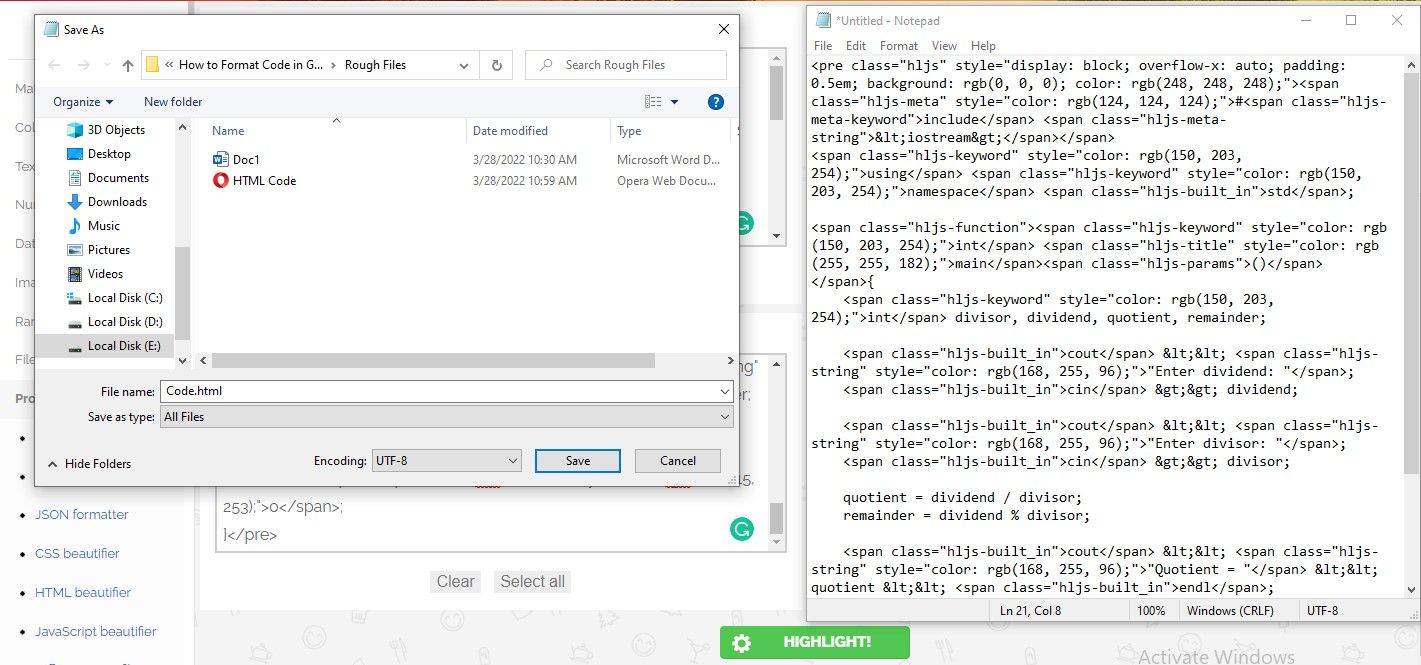 Сохранение файла Notepad в формате HTML