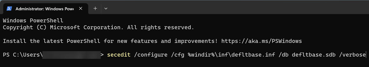 Выполнение команды secedit в Windows PowerShell