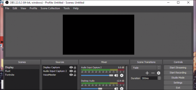 Окно OBS с настройками сцен и источников