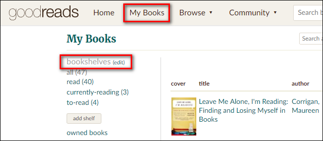 Навигация Goodreads: My Books и редактор полок в боковой панели