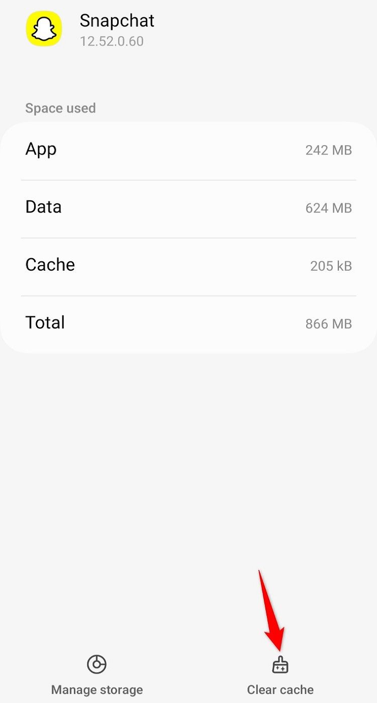 Пункт «Очистить кеш» выделен в настройках Snapchat на Android.