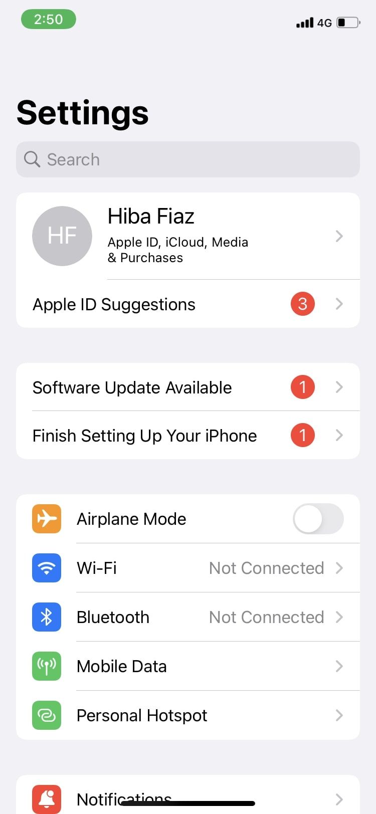 Экран Apple ID и настройки iCloud