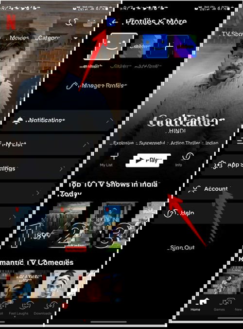 Настройки учетной записи Netflix в мобильном приложении