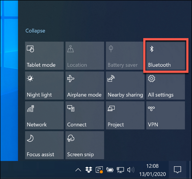 Включение Bluetooth в Windows 10: нажмите иконку уведомлений, затем плитку Bluetooth