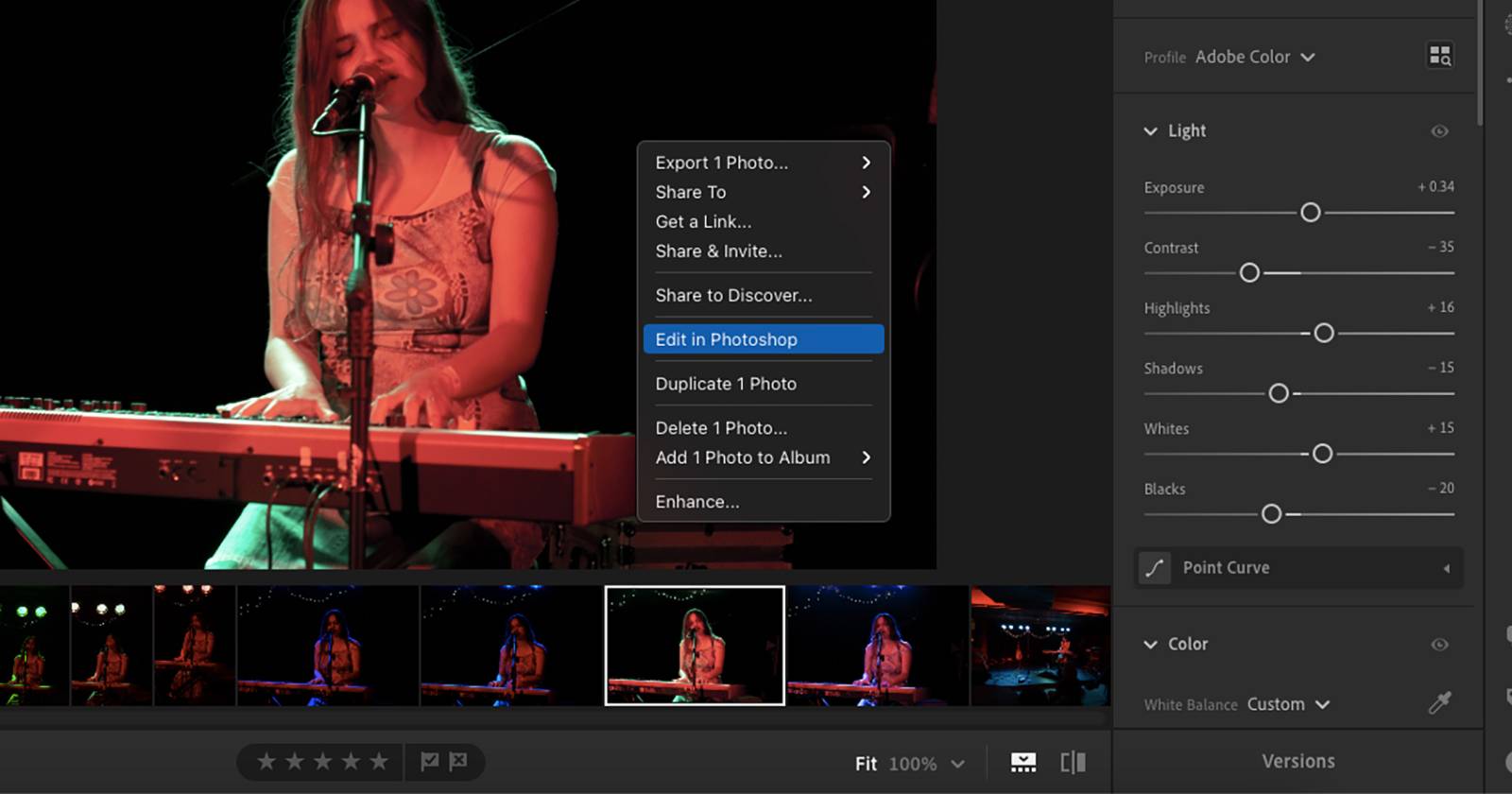 Фотография в Lightroom, опция «Edit in Photoshop» видна в меню.