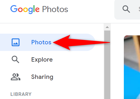 Выберите раздел Photos на сайте Google Photos