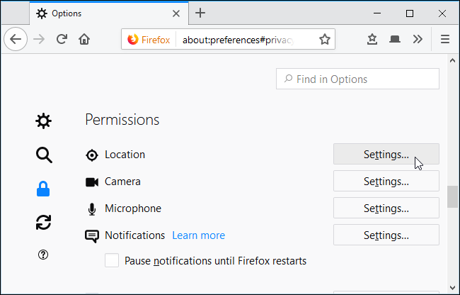 Окно управления разрешениями местоположения в Firefox