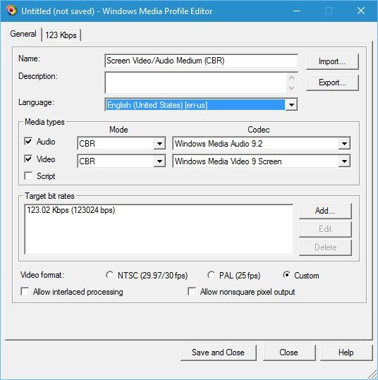 Окно Windows Media Profile Editor
