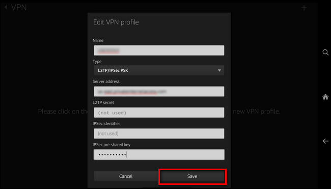 Форма для ввода данных VPN