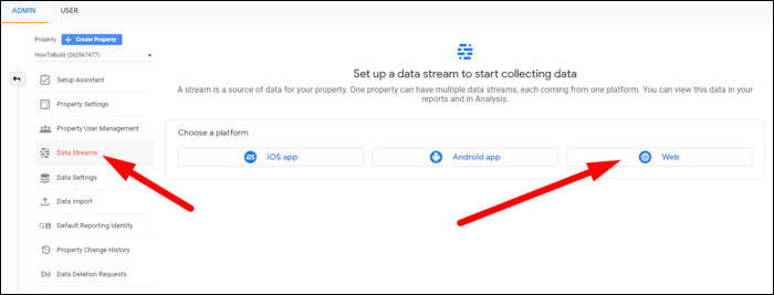 Добавление потока данных для веб-сайта в Google Analytics