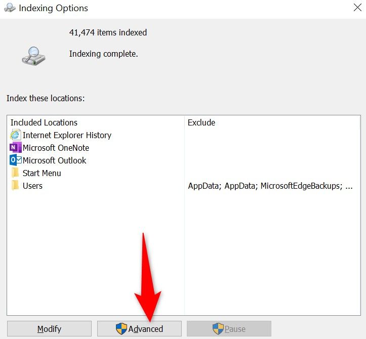 Выделена кнопка 'Advanced' в окне 'Indexing Options'