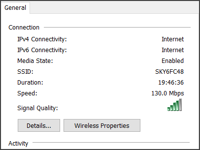 Окно состояния сетевого подключения с полем «Скорость»