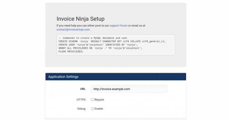 Настройка Invoice Ninja — экран установки
