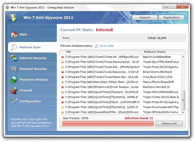 Фальшивый интерфейс сканера Win 7 Anti-Spyware 2011