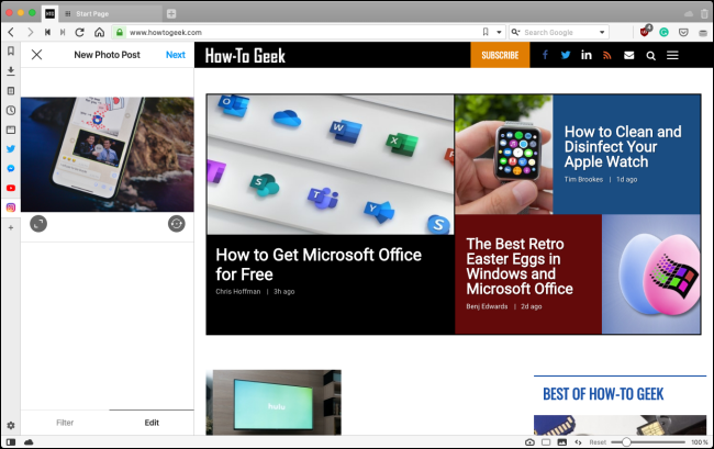 Публикация фото в Instagram из панели Vivaldi