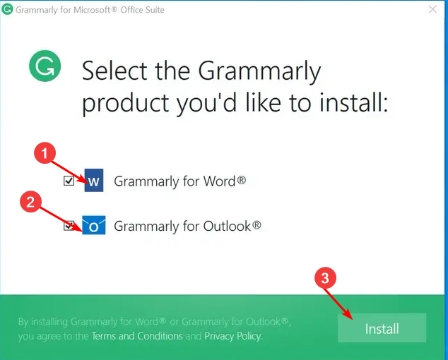 Selezione delle opzioni Grammarly for Word e Outlook