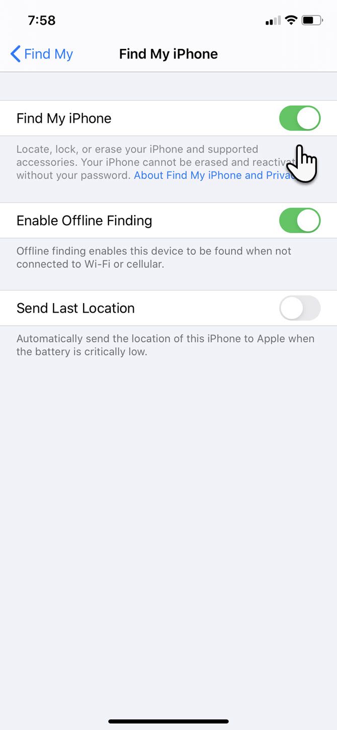 Скриншот: Настройки приложения «Найти» на iPhone с опциями устройства