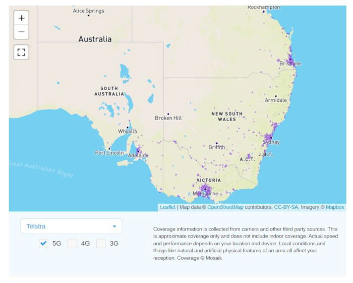 Интерактивная карта Whistleout — доступность 5G по провайдерам