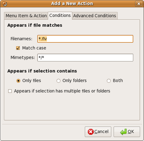 Окно с настройкой пути и параметров для действия Nautilus