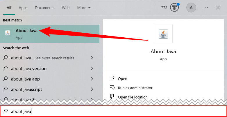 Поиск «About Java» в меню Пуск.