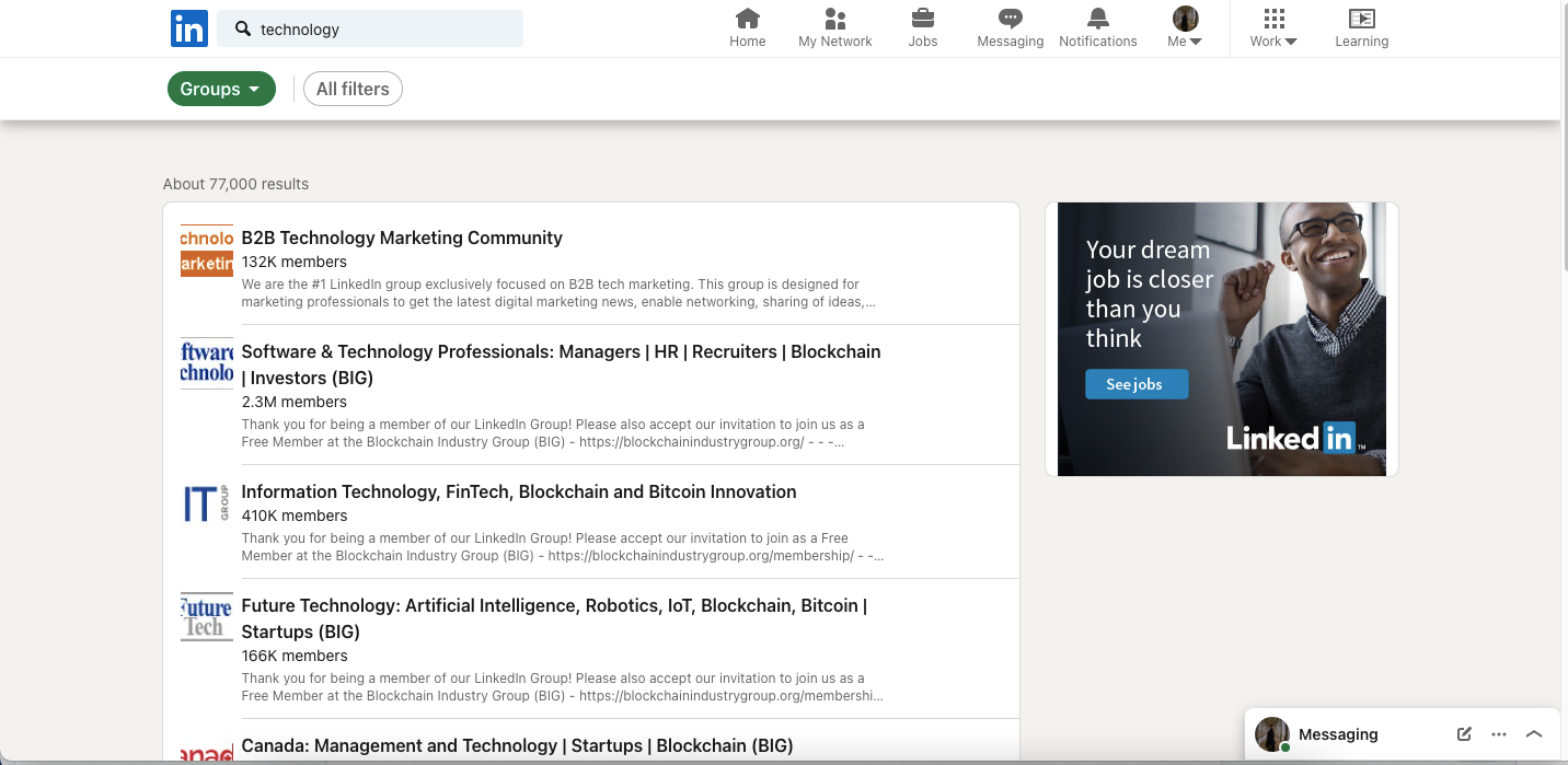 Результаты поиска групп по ключевым словам на LinkedIn
