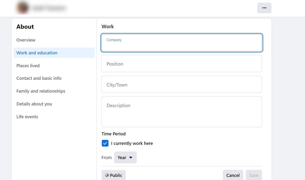 Facebook page to enter information about work and education 